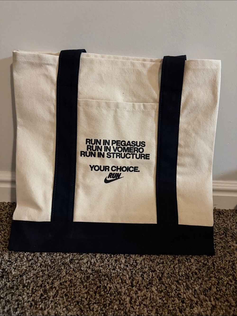 Nike Cream and Black Canvas Tote with Front Pocket